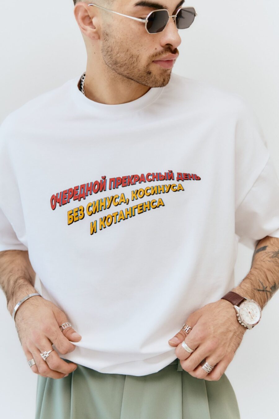 ФУТБОЛКА OVERSIZE МУЖСКАЯ / «СИНУС, КОСИНУС», БЕЛАЯ — изображение 5
